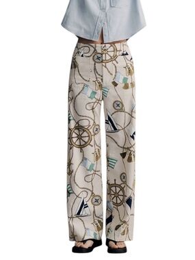 Maeve Anthropologie Colette Nautical Print Wide-Leg Trousers Petite 28